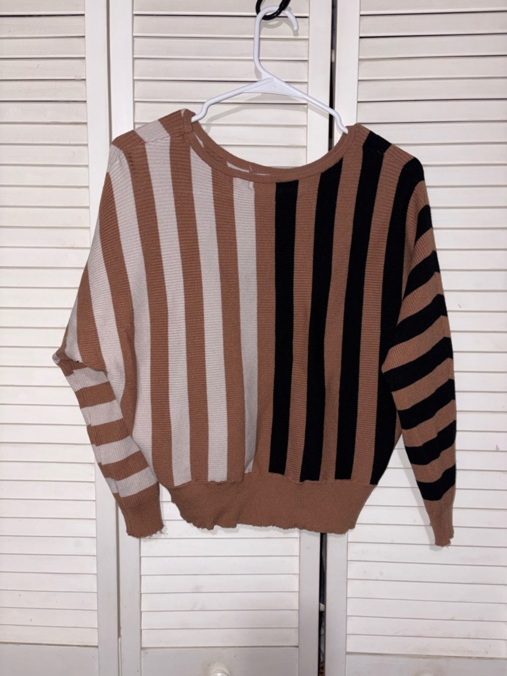 Tahari Striped Crewneck Sweater in Brown, Black & Cream